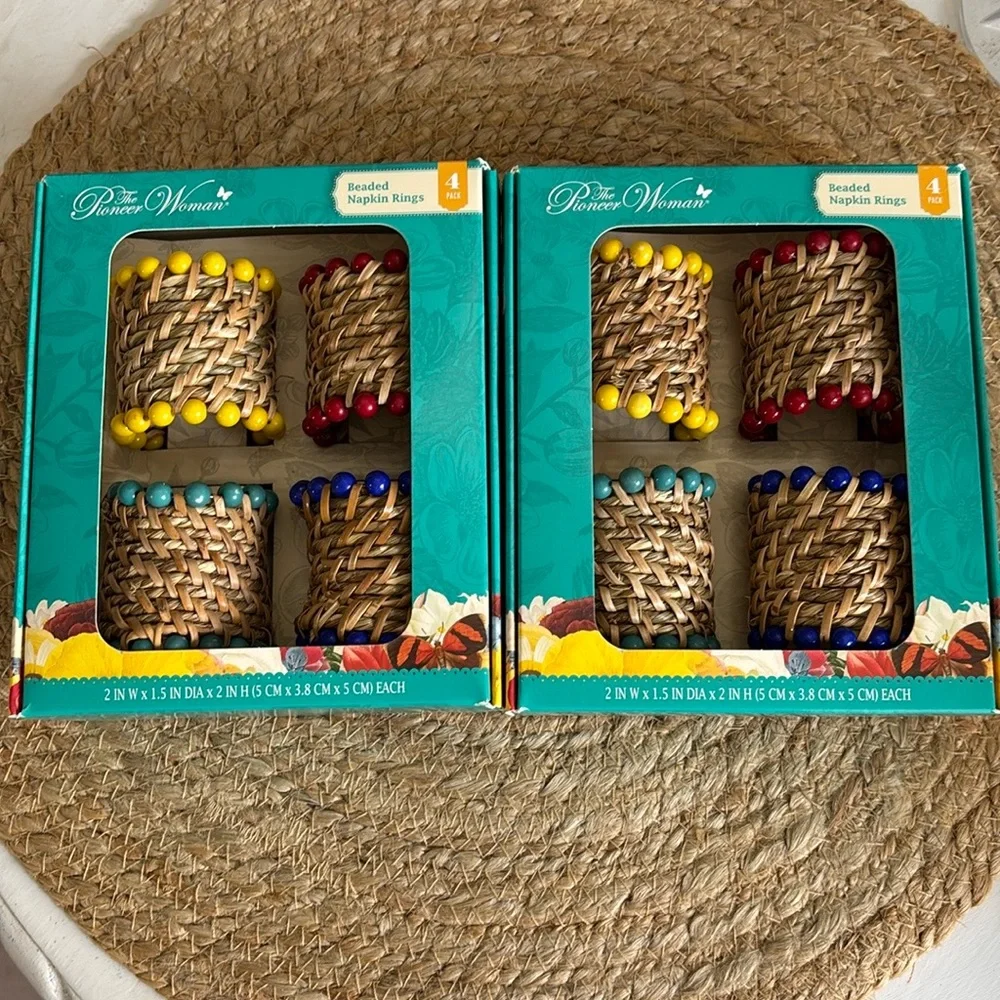 NWT Pioneer Woman Rattan Woven Beaded Napkin Rings 8 Total Set